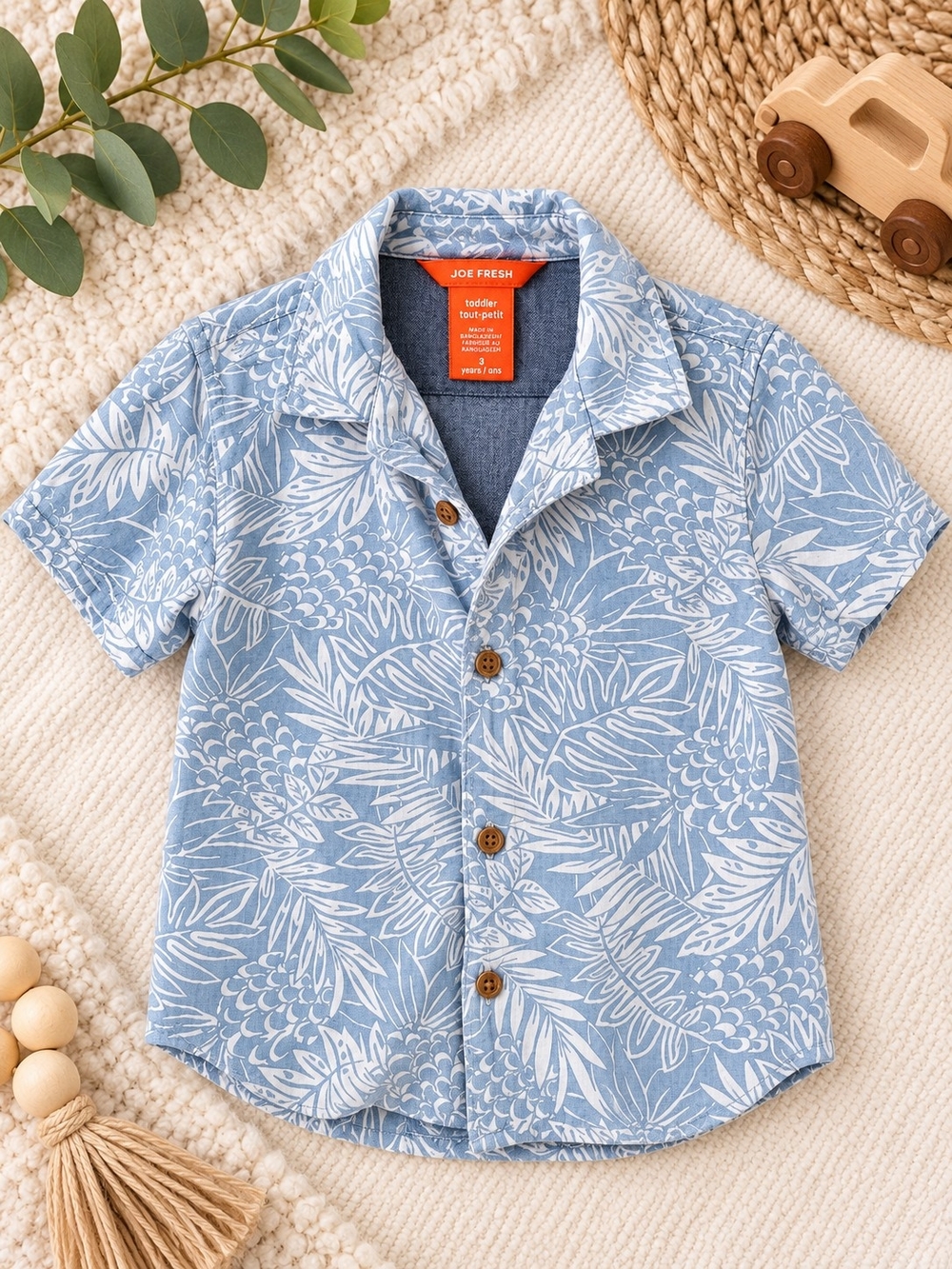 Joe Fresh Toddler Boys Blue Tropical Button Up Shirt Size 3T